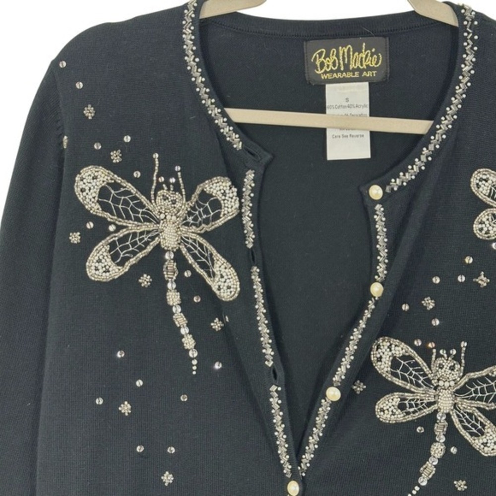 Bob Mackie Wearable Art Black Beaded Dragonfly Cardigan‎ Sweater Pearl Button - Picture 7 of 7